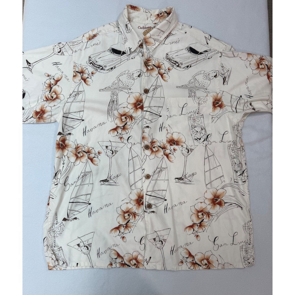 Caribbean Mens Silk Cotton Havana Print Button Down Shirt Cream Tropical Large